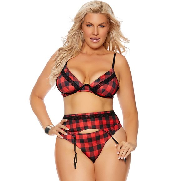 Buffalo Plaid Bra Set with Monowire and Lace Trim - Picture 1 of 7